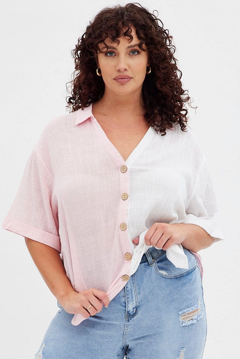 Designer Touch Recycled Polyester Blend Pink Short Sleeve V-neck Loose Fit Color Block Shirt