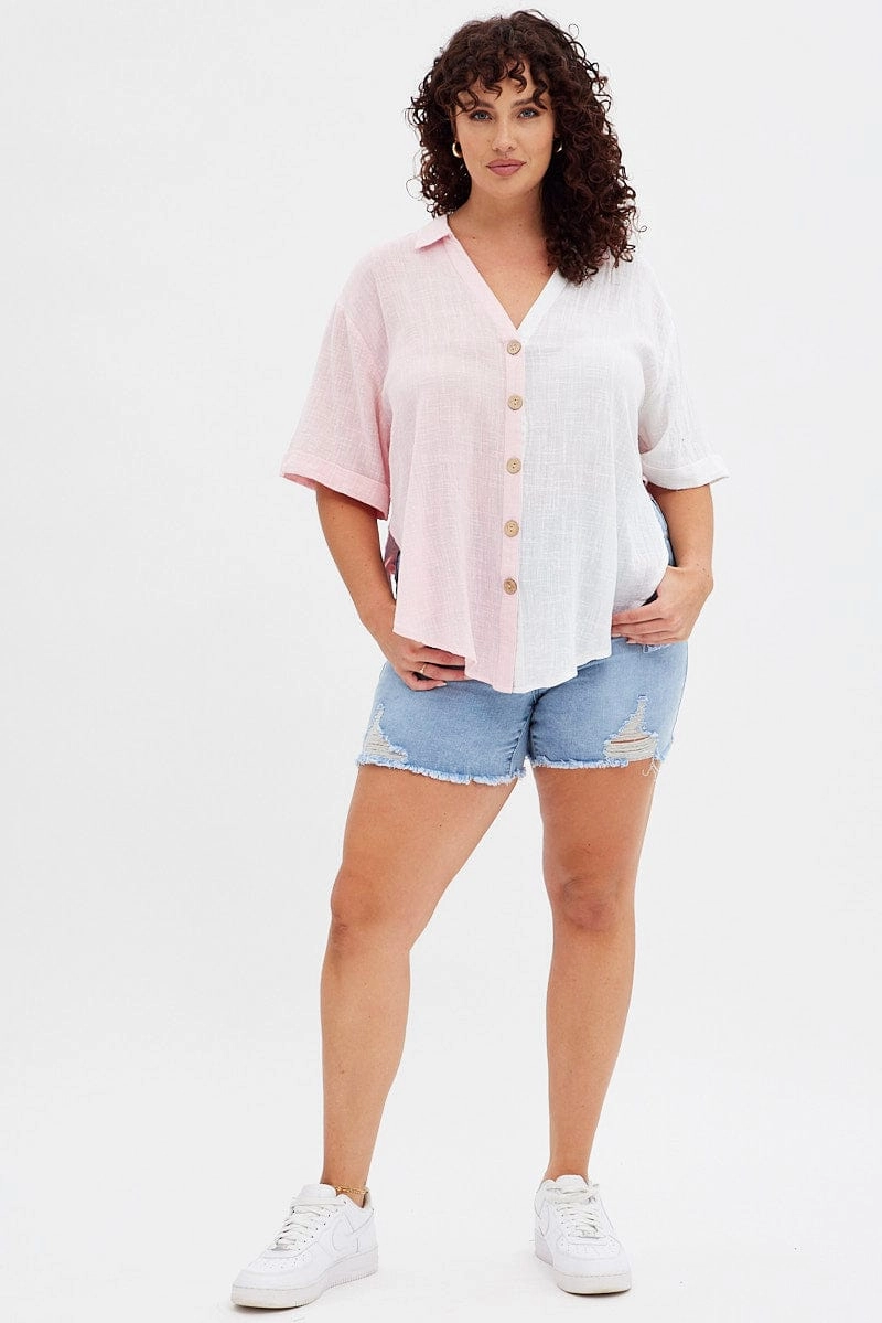 Premium Quality Trendsetting Pink Short Sleeve V-neck Loose Fit Color Block Shirt