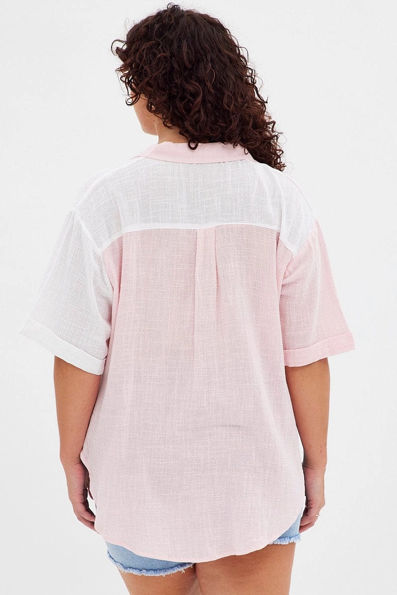 Pink Short Sleeve V-neck Loose Fit Color Block Shirt Fashion Comfort