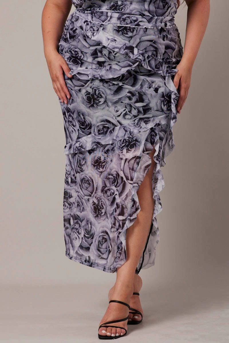 Wardrobe Basics Black Floral Rosette Mesh Frill Skirt