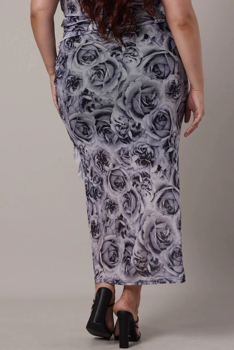 ribbed texture Black Floral Rosette Mesh Frill Skirt