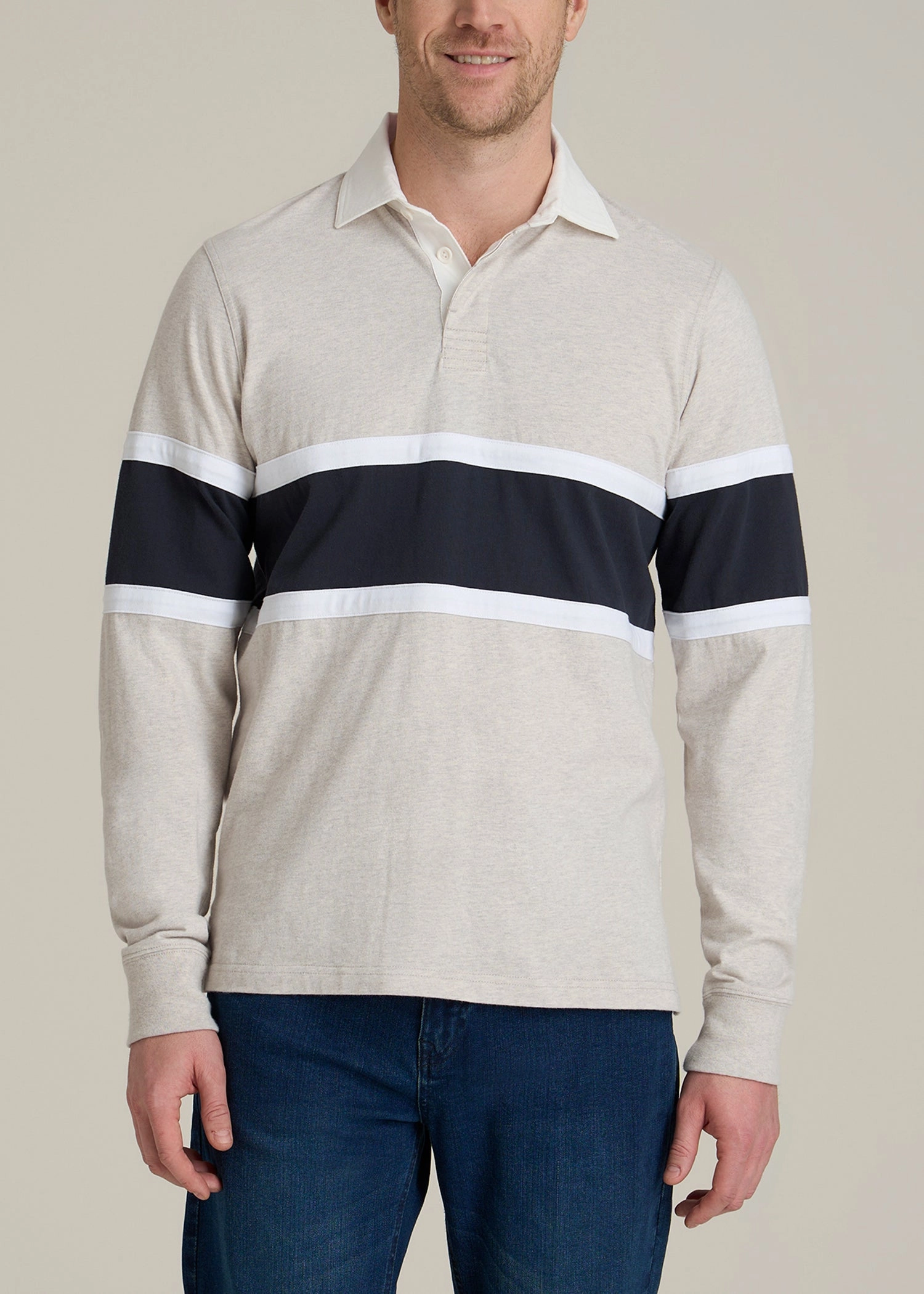Rugby Long Sleeve Shirt for Tall Men in Oatmeal Heather Multi Soft Hoodie Core Active