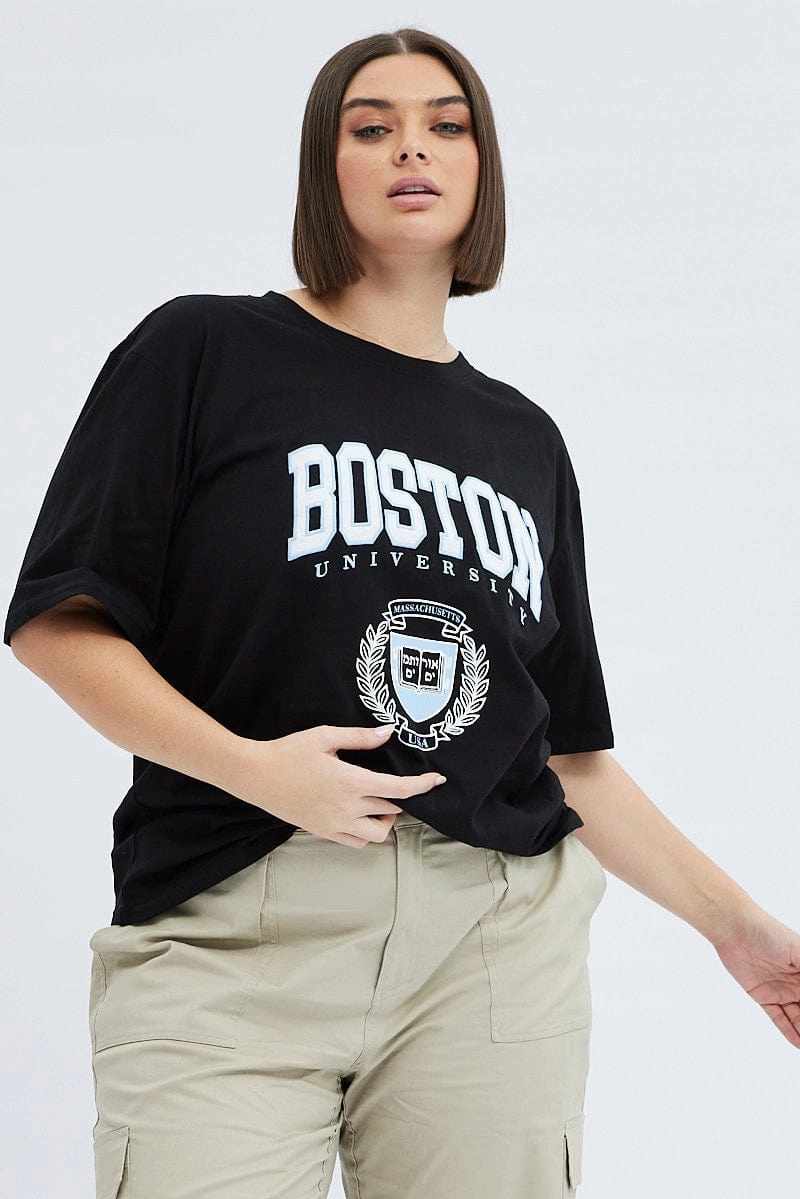 Black Graphic T-shirt Short Sleeve Crew Neck Holiday Comfort Style