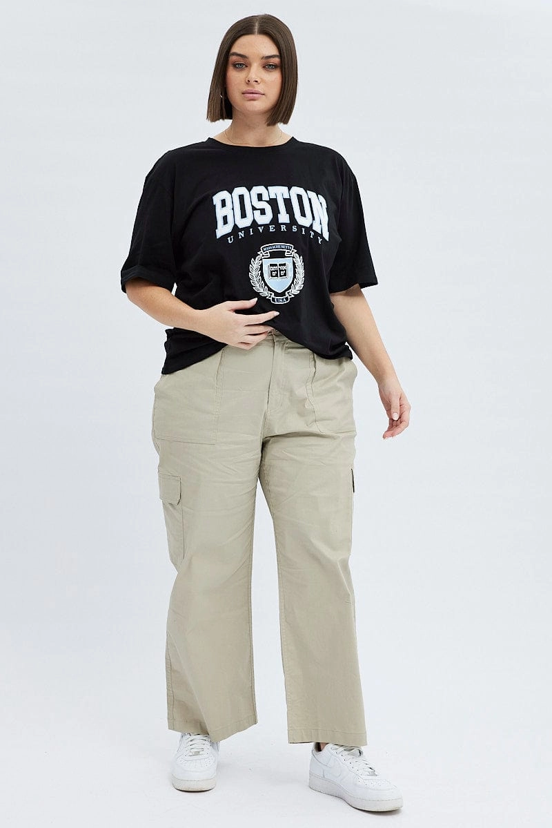 Casual Mode Black Graphic T-shirt Short Sleeve Crew Neck