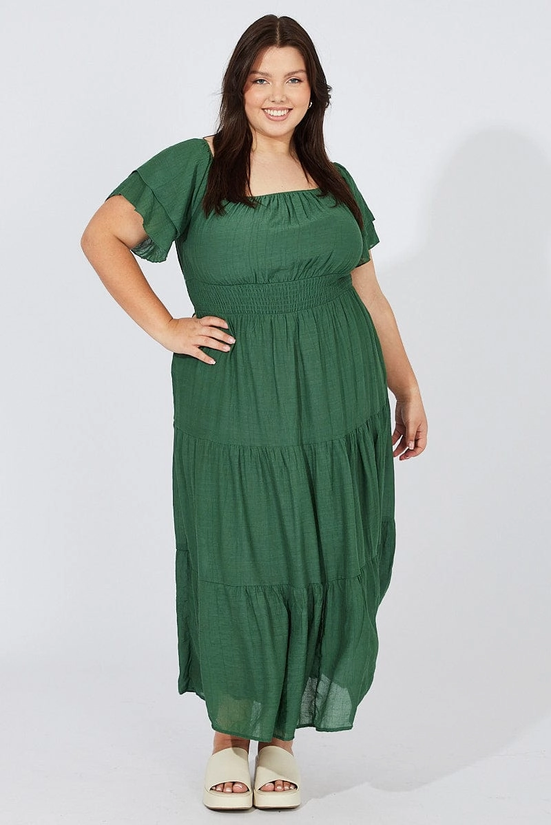 Green Off Shoulder Layer Midi Dress Edgy-Look