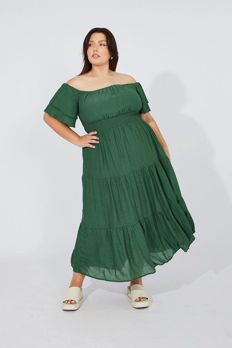 Green Off Shoulder Layer Midi Dress City Ready