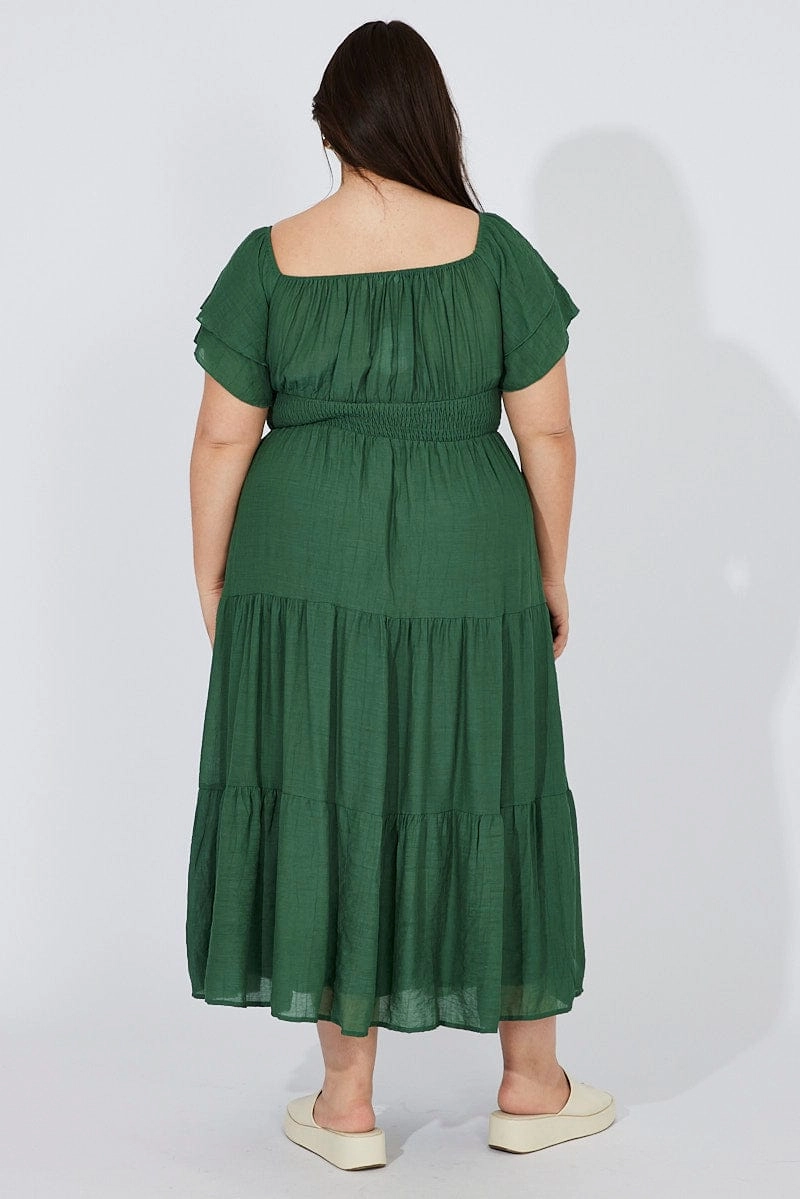 Green Off Shoulder Layer Midi Dress Scoop-Neck