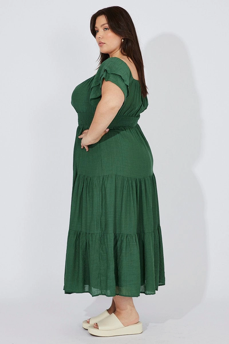 Green Off Shoulder Layer Midi Dress Chic casual