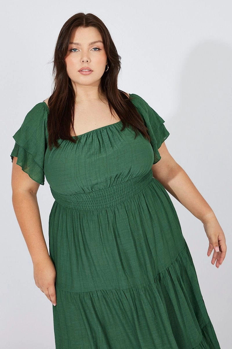 Green Off Shoulder Layer Midi Dress spring fashion Artistic Detail