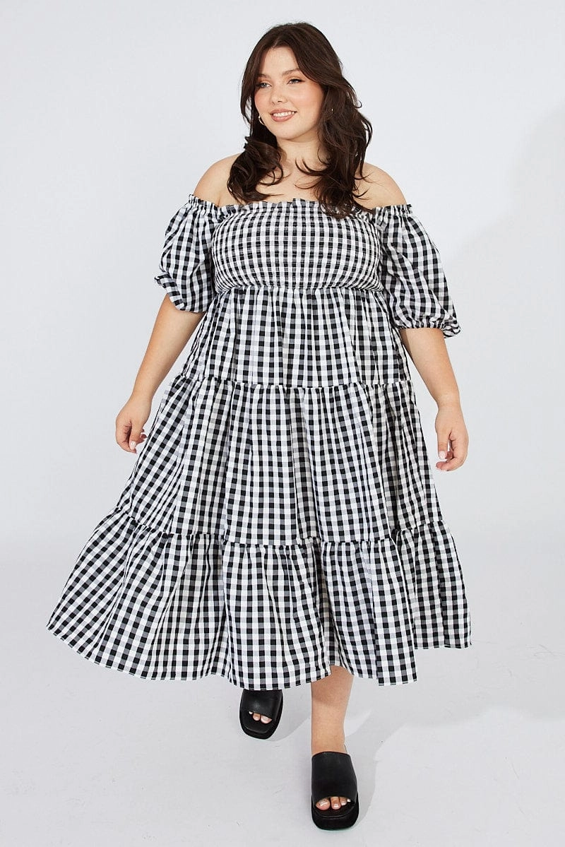 Black Check Midi Dress Short Sleeve Shirred Tie Back wrap waist