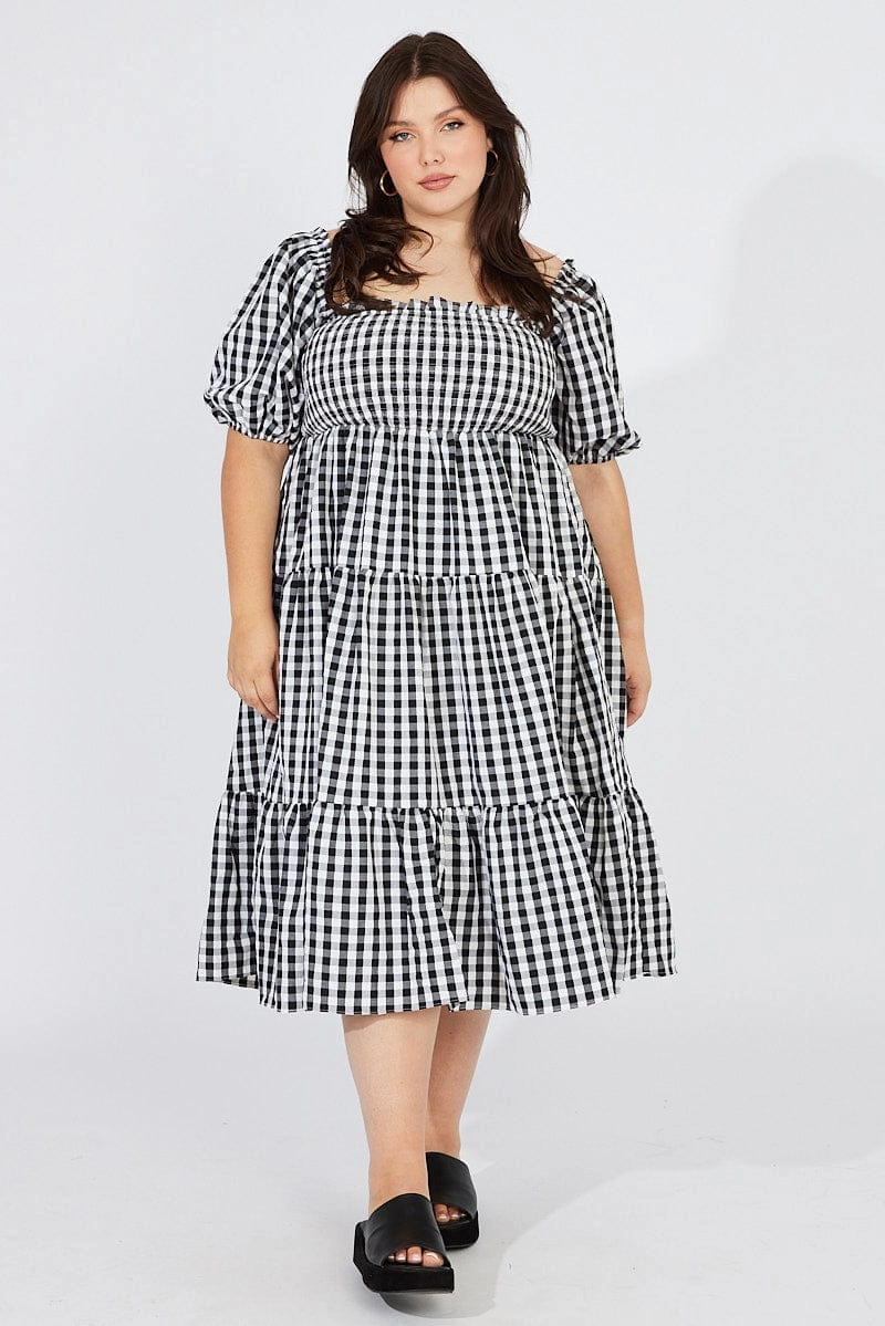 Cool Look Calm Flow Black Check Midi Dress Short Sleeve Shirred Tie Back