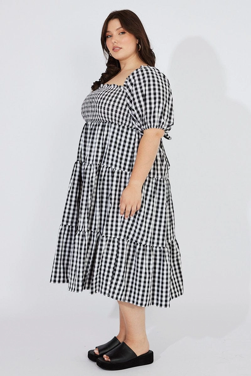 Calm Silhouette Sophisticated Style Black Check Midi Dress Short Sleeve Shirred Tie Back