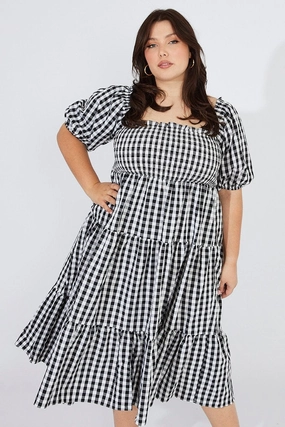 Black Check Midi Dress Short Sleeve Shirred Tie Back Eco-friendly