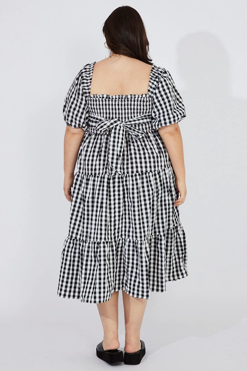 Black Check Midi Dress Short Sleeve Shirred Tie Back Trendy wrap gown Comfortable Shape