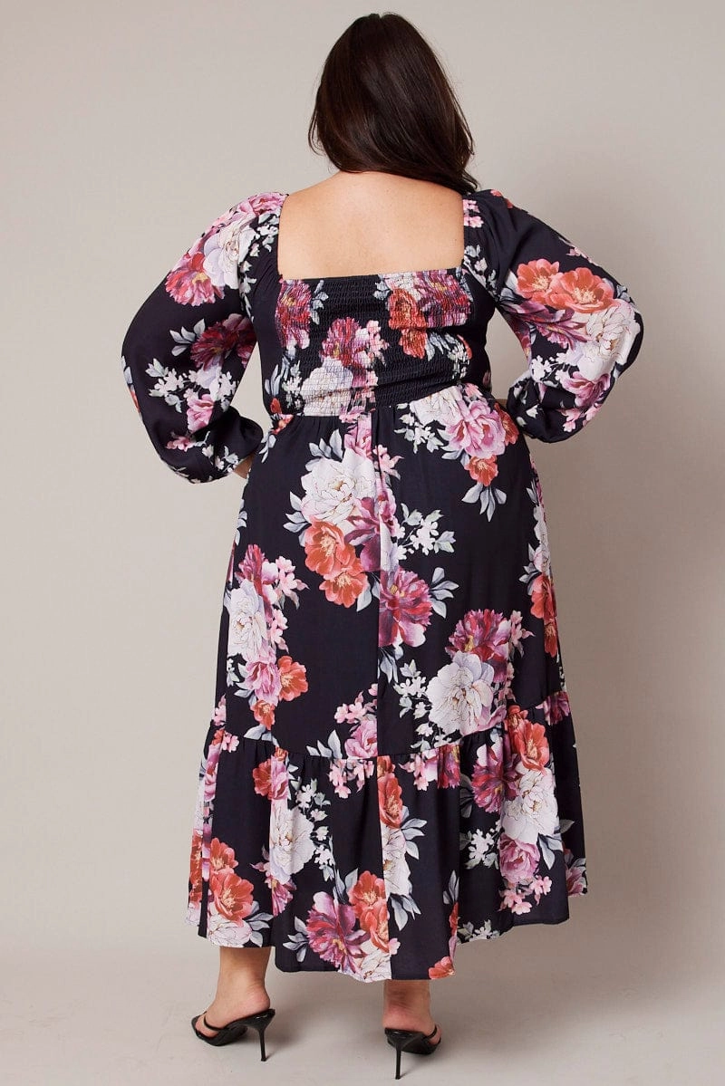 Black Floral Midi Dress Long Sleeve Ruched Bust Charming Comfort Timeless Waist