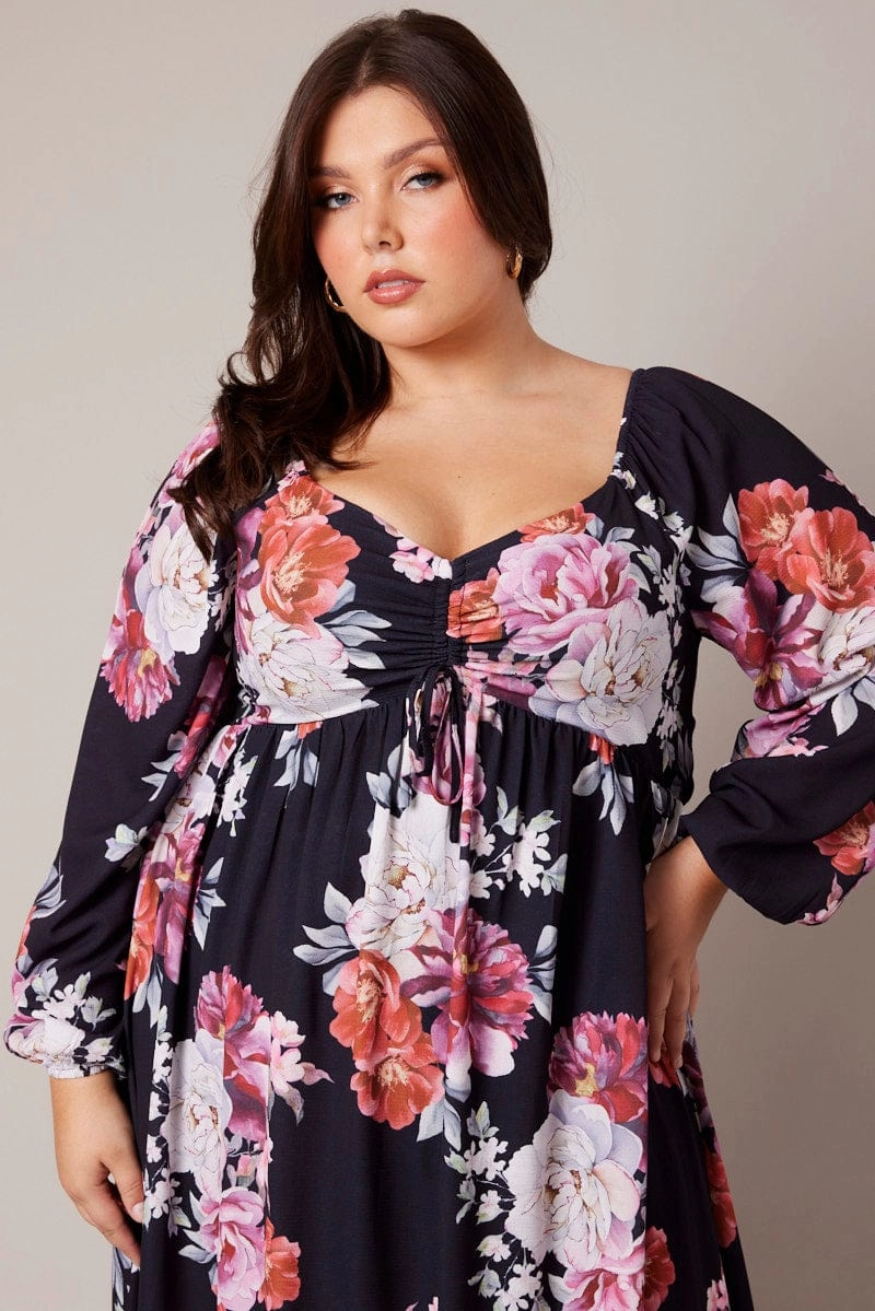 Black Floral Midi Dress Long Sleeve Ruched Bust Urban Line