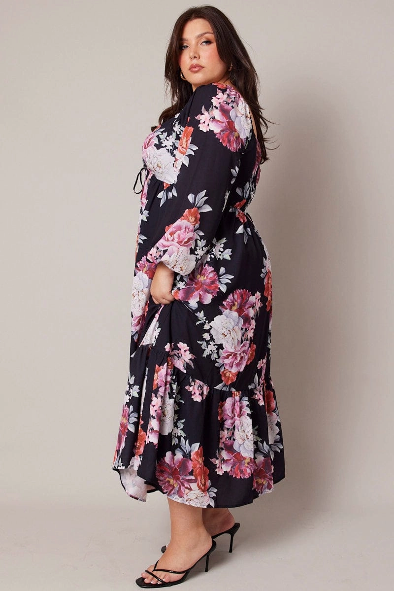 Comfy Design Clean Outline Black Floral Midi Dress Long Sleeve Ruched Bust