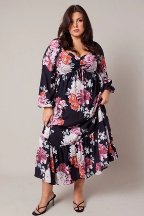 Refined Stitch Black Floral Midi Dress Long Sleeve Ruched Bust