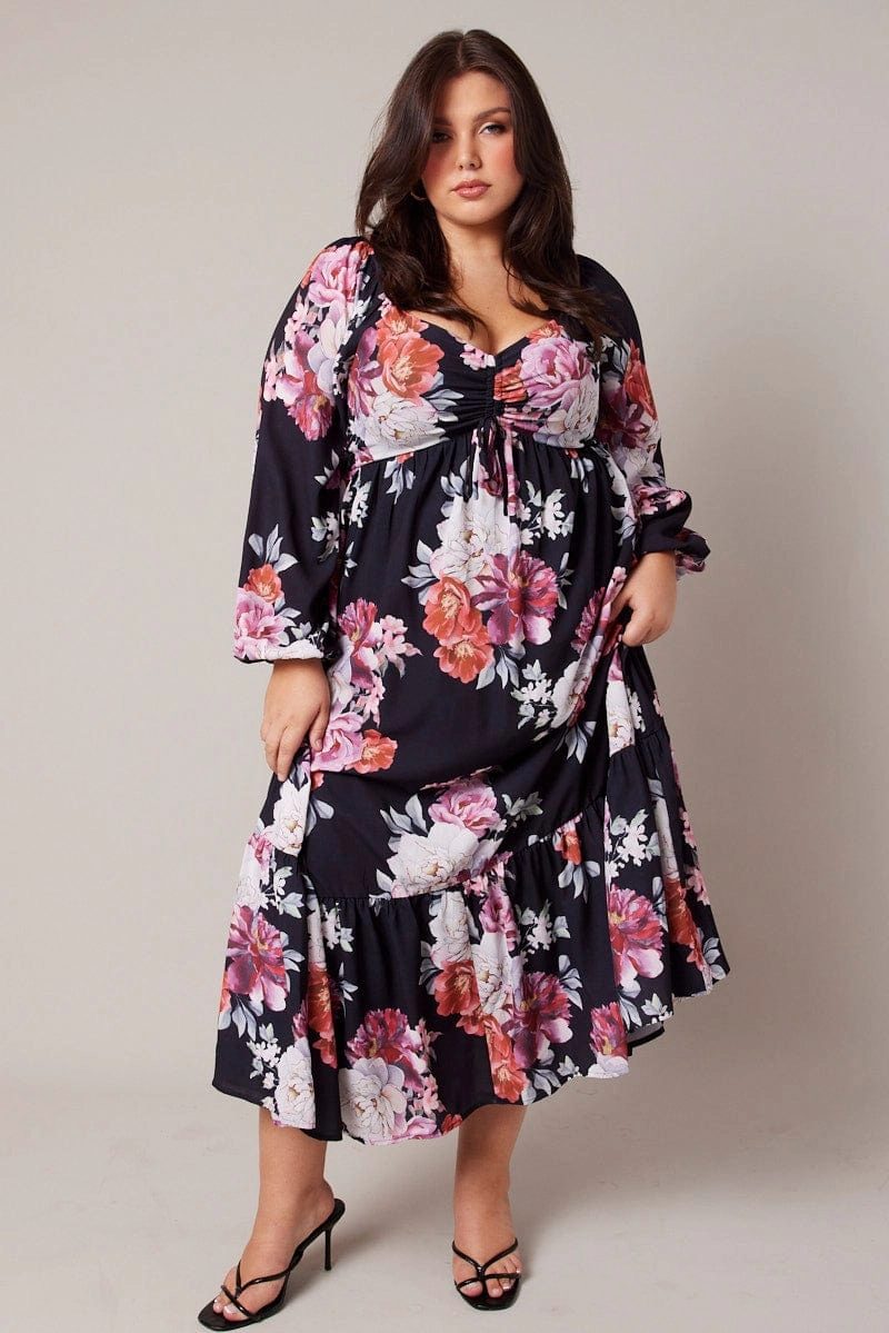 Refined Stitch Black Floral Midi Dress Long Sleeve Ruched Bust