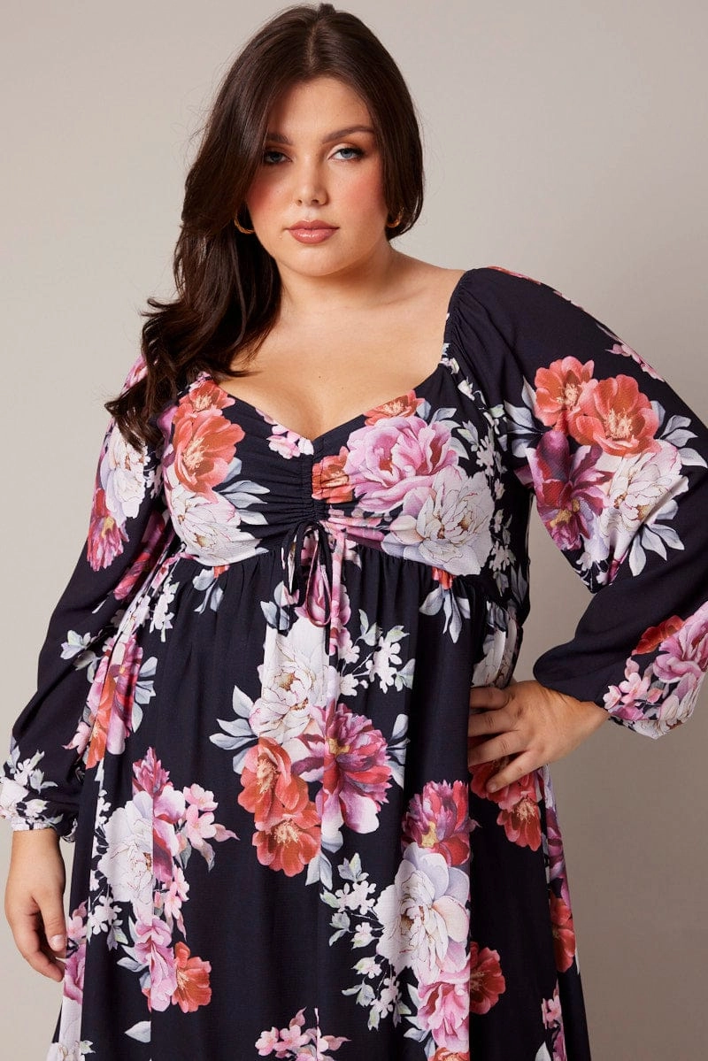Calm Shine Family Warm Black Floral Midi Dress Long Sleeve Ruched Bust