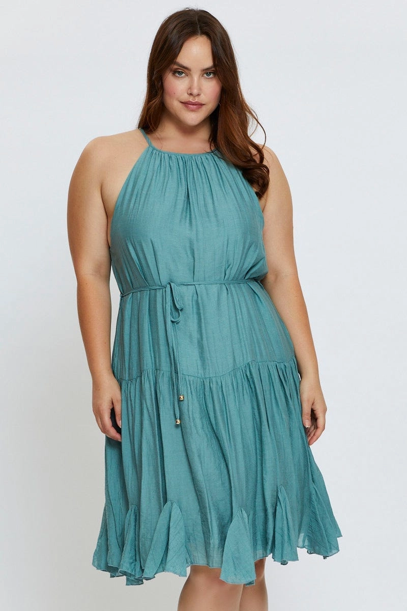 Perfect Cut Green Skater Dress Halter Sleeveless Ruffle Hem