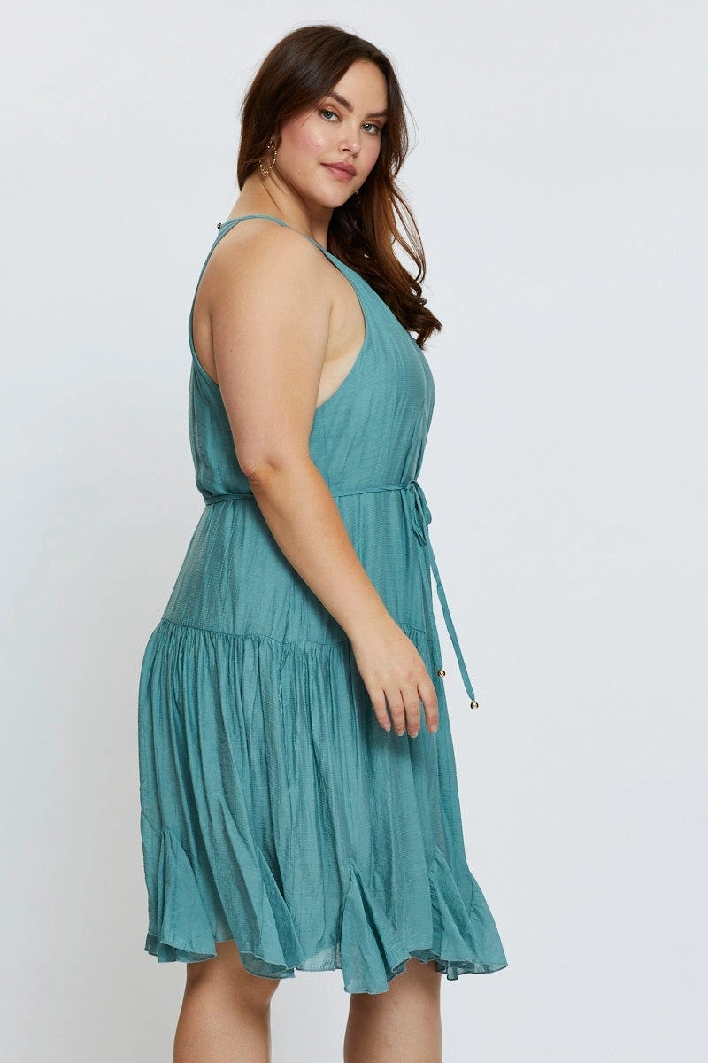 Green Skater Dress Halter Sleeveless Ruffle Hem Winter Classic Abstract Pattern