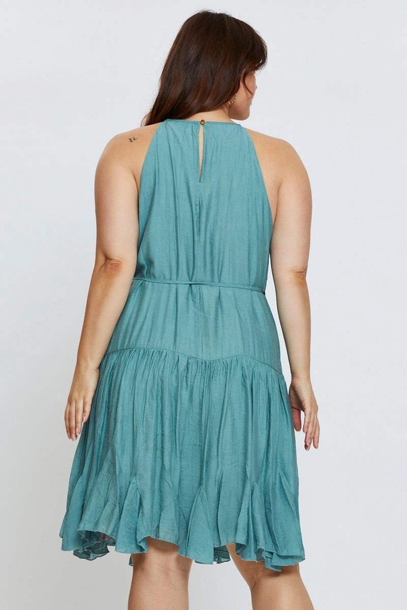 Green Skater Dress Halter Sleeveless Ruffle Hem Easy Go