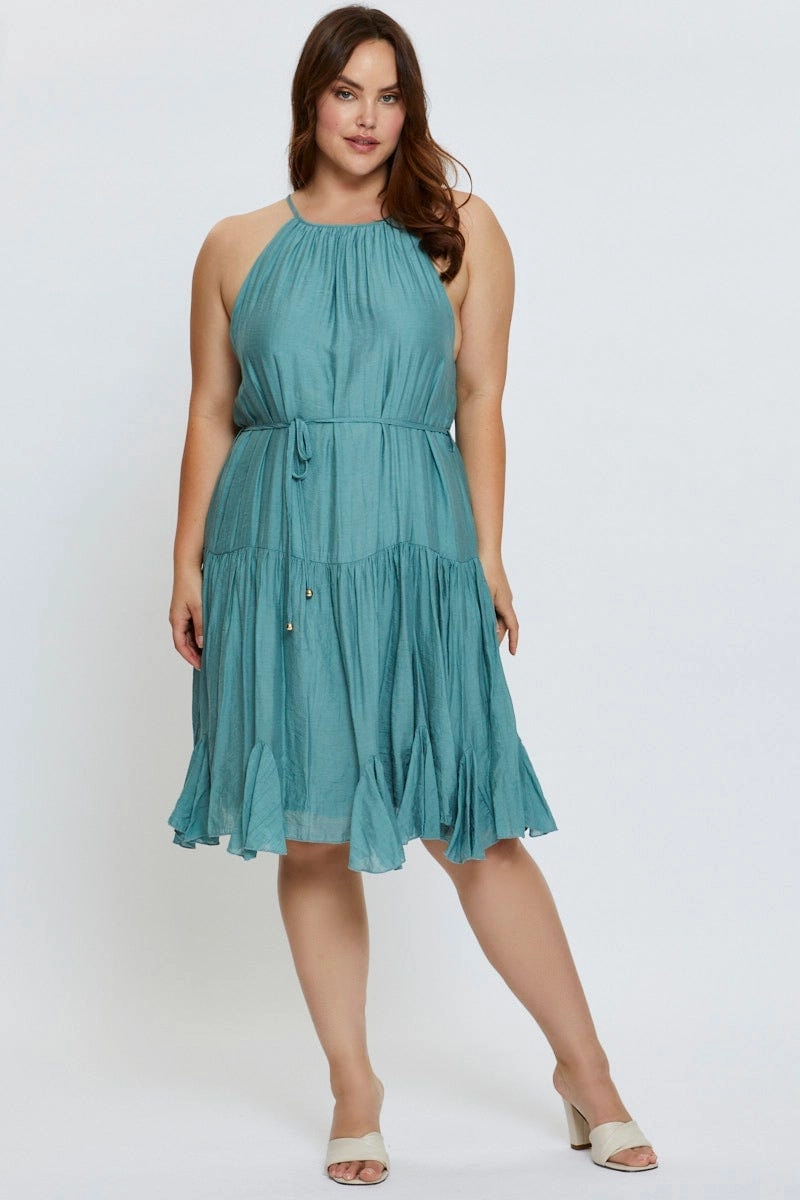 Airy Drape Stylish Mood Green Skater Dress Halter Sleeveless Ruffle Hem