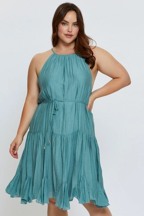 Green Skater Dress Halter Sleeveless Ruffle Hem Vibrant patterned dress