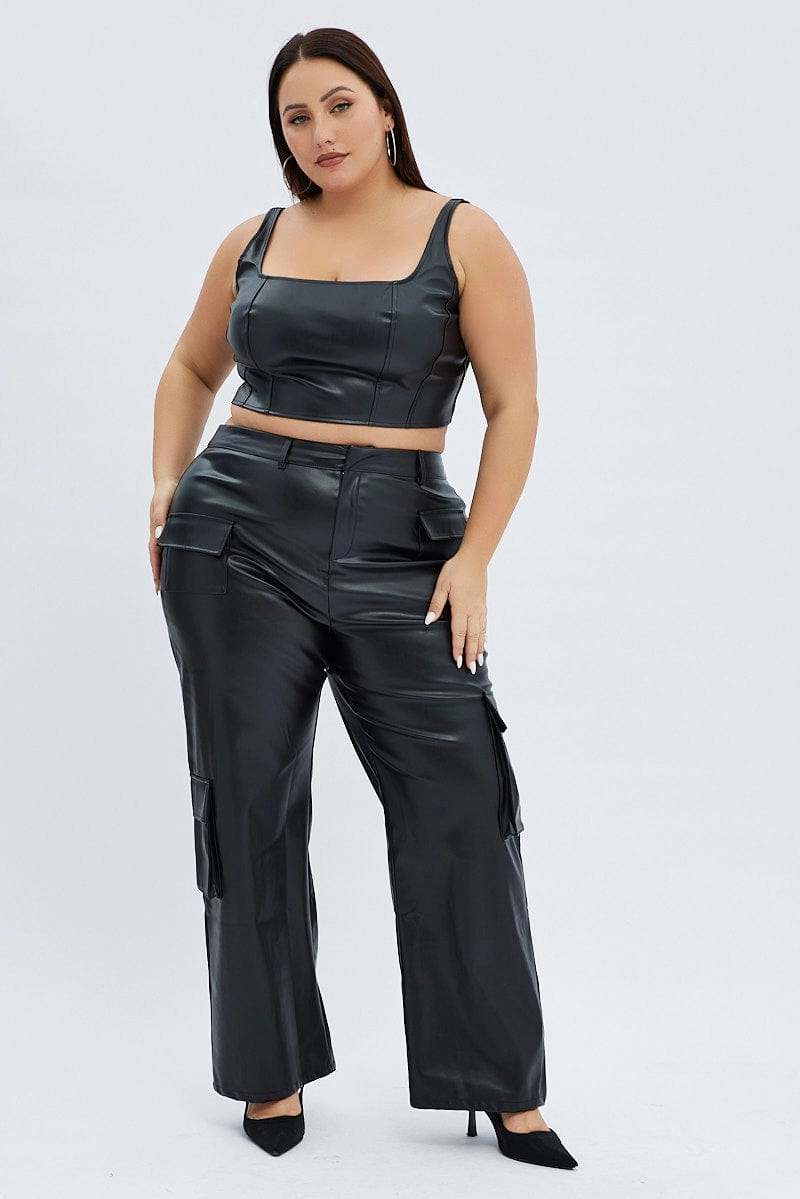 OdorResistantTreatment Seamless Waistband Black Cargo Pants Straight Fit High Rise Faux Leather