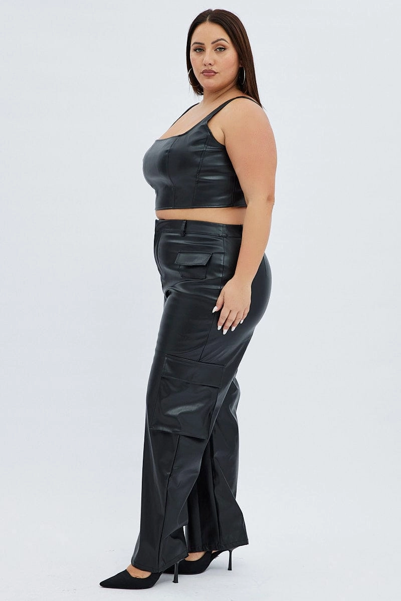 Trail Ready Black Cargo Pants Straight Fit High Rise Faux Leather