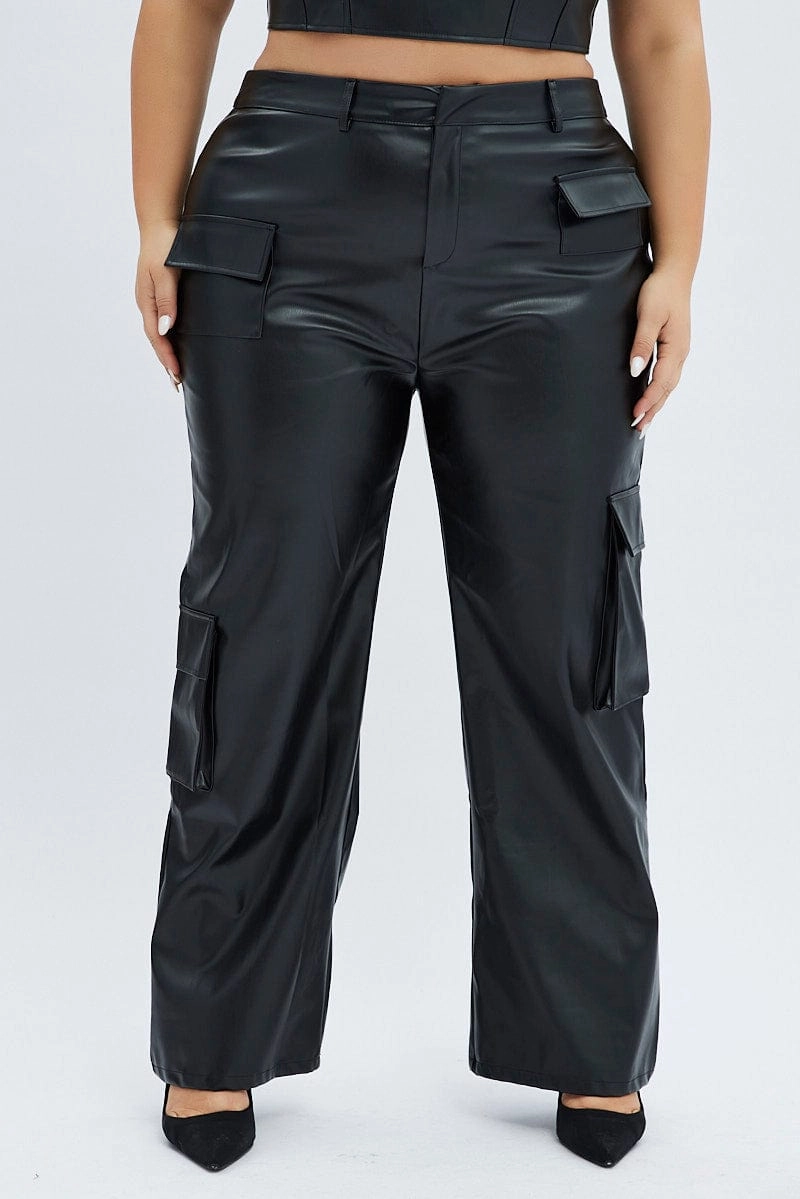 stain guard Black Cargo Pants Straight Fit High Rise Faux Leather