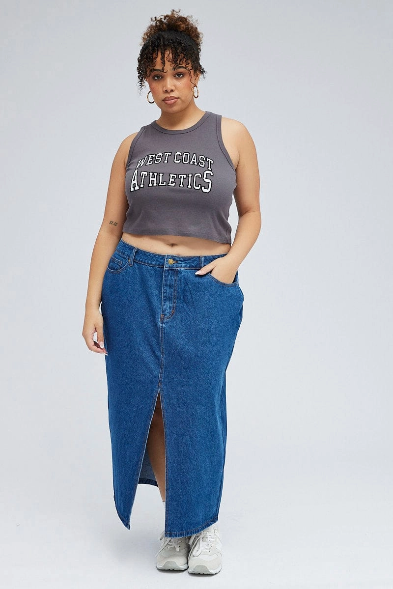 Athletic Wear Classic Color Grey Rib Tank Top With Embroidery