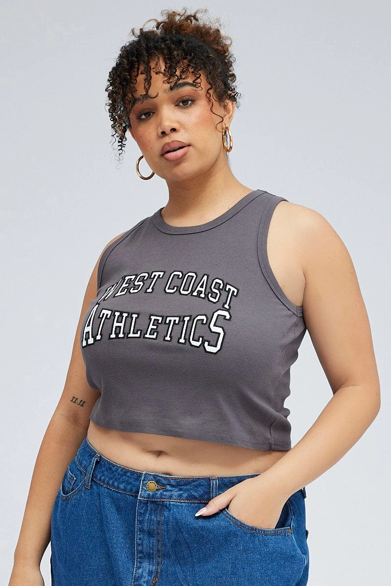 Grey Rib Tank Top With Embroidery Sleek Design Fit