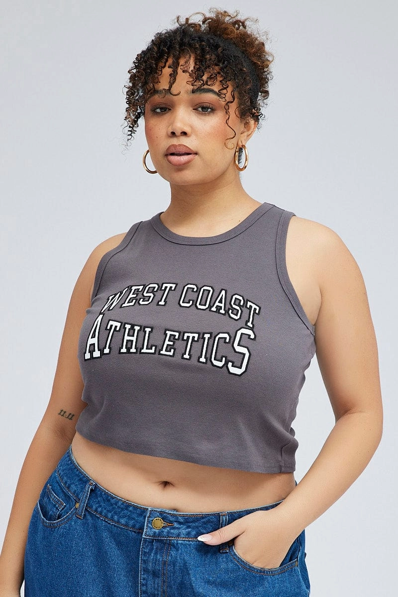 Grey Rib Tank Top With Embroidery Quick Release Hem