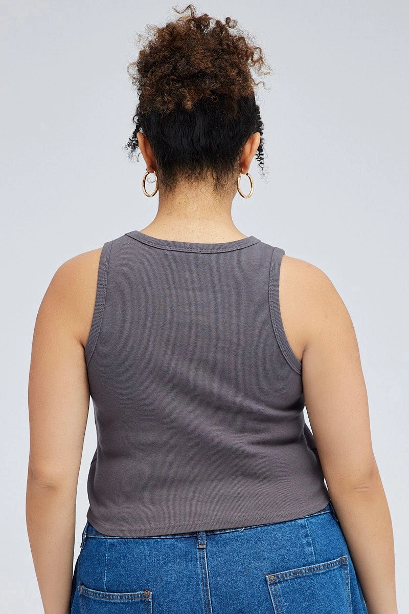 Simple Yet Elegant Soft Layers Grey Rib Tank Top With Embroidery