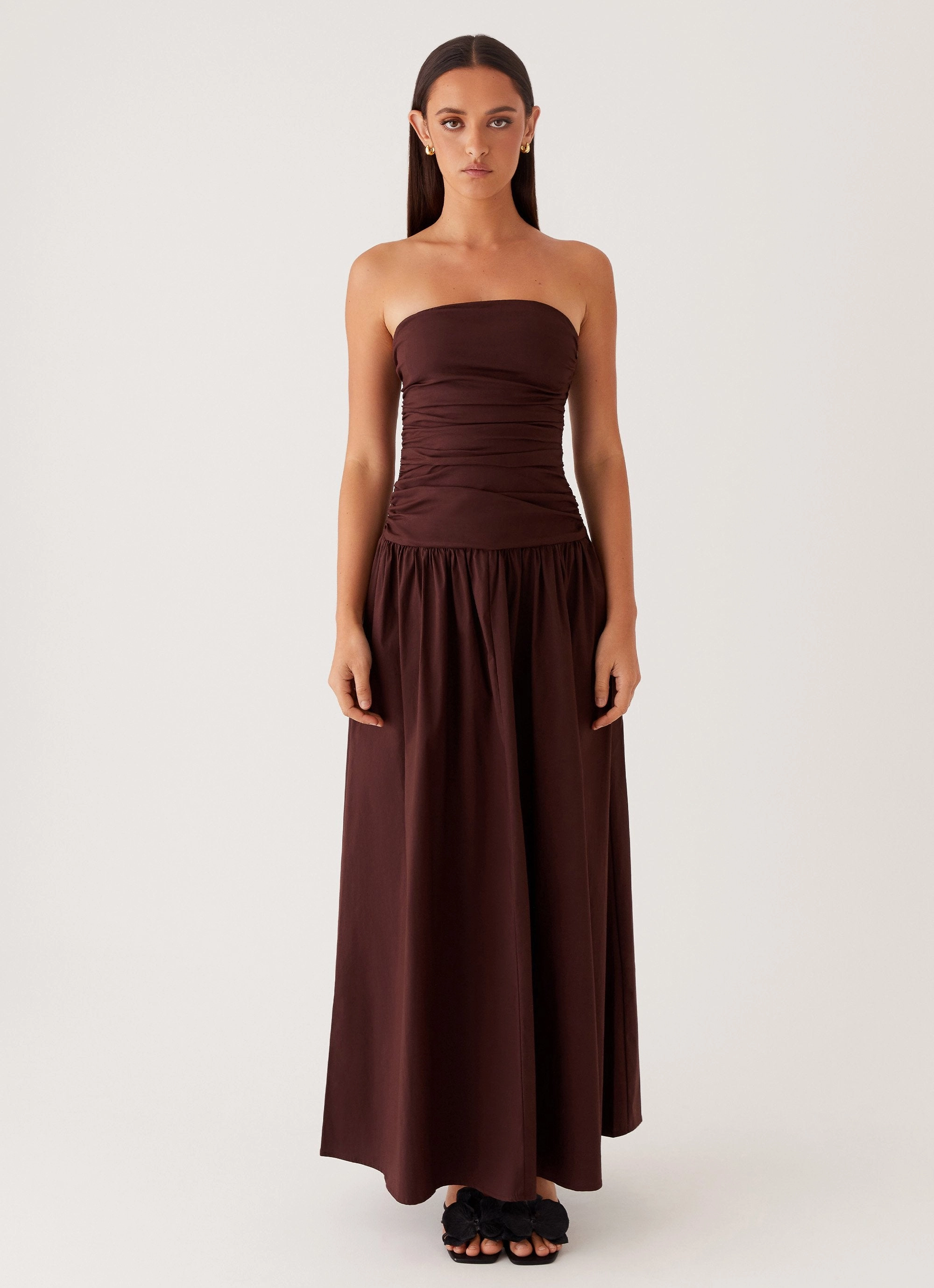 Carmel Maxi Dress - Brown Elegant holiday wear Sweetheart-Neck