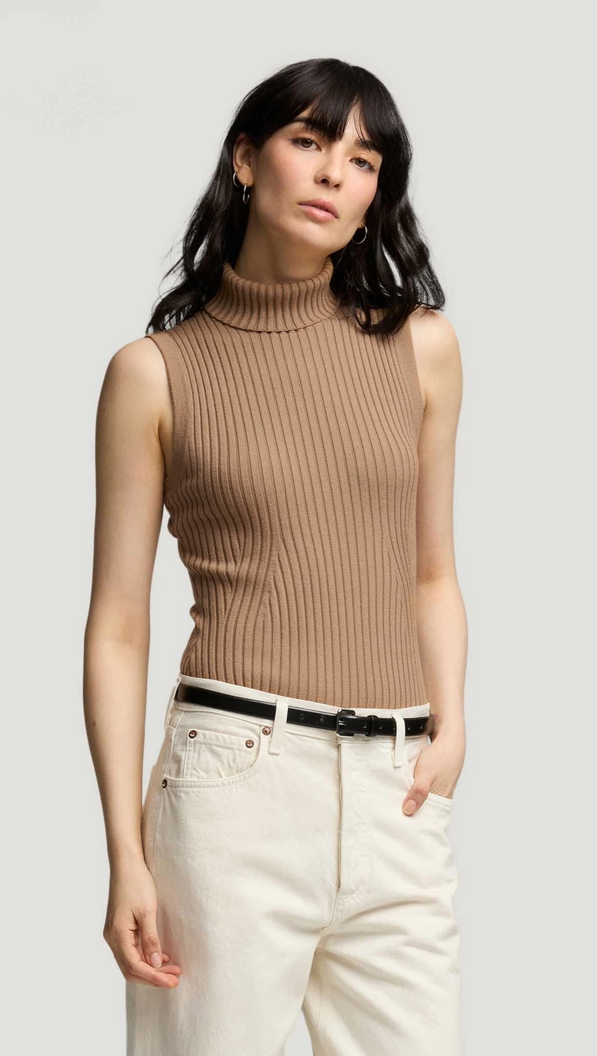 Sleeveless Turtleneck in Stretch Wool | Camel Summer Brand Reputation
