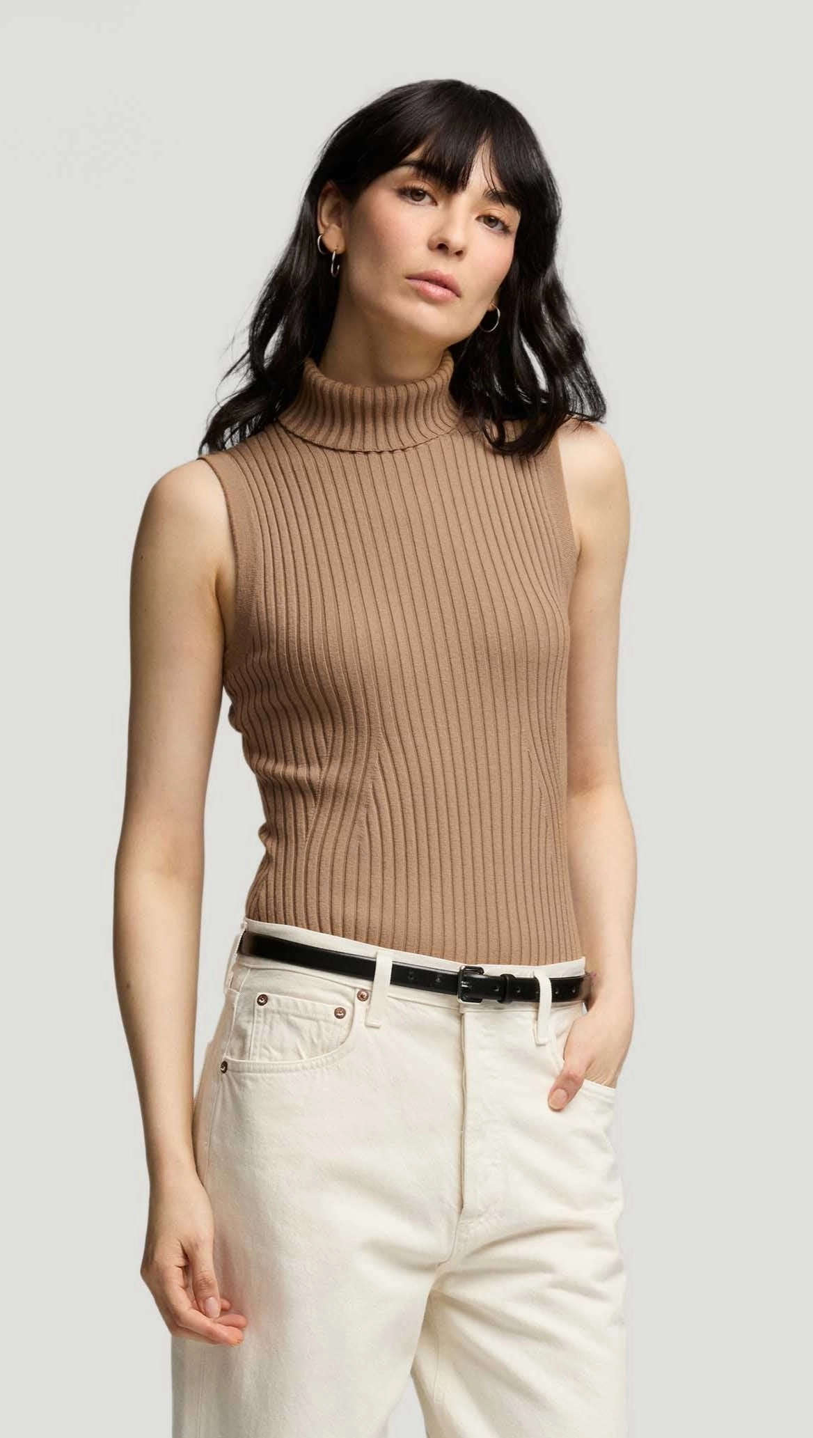 Sleeveless Turtleneck in Stretch Wool | Camel Cold Day Wear