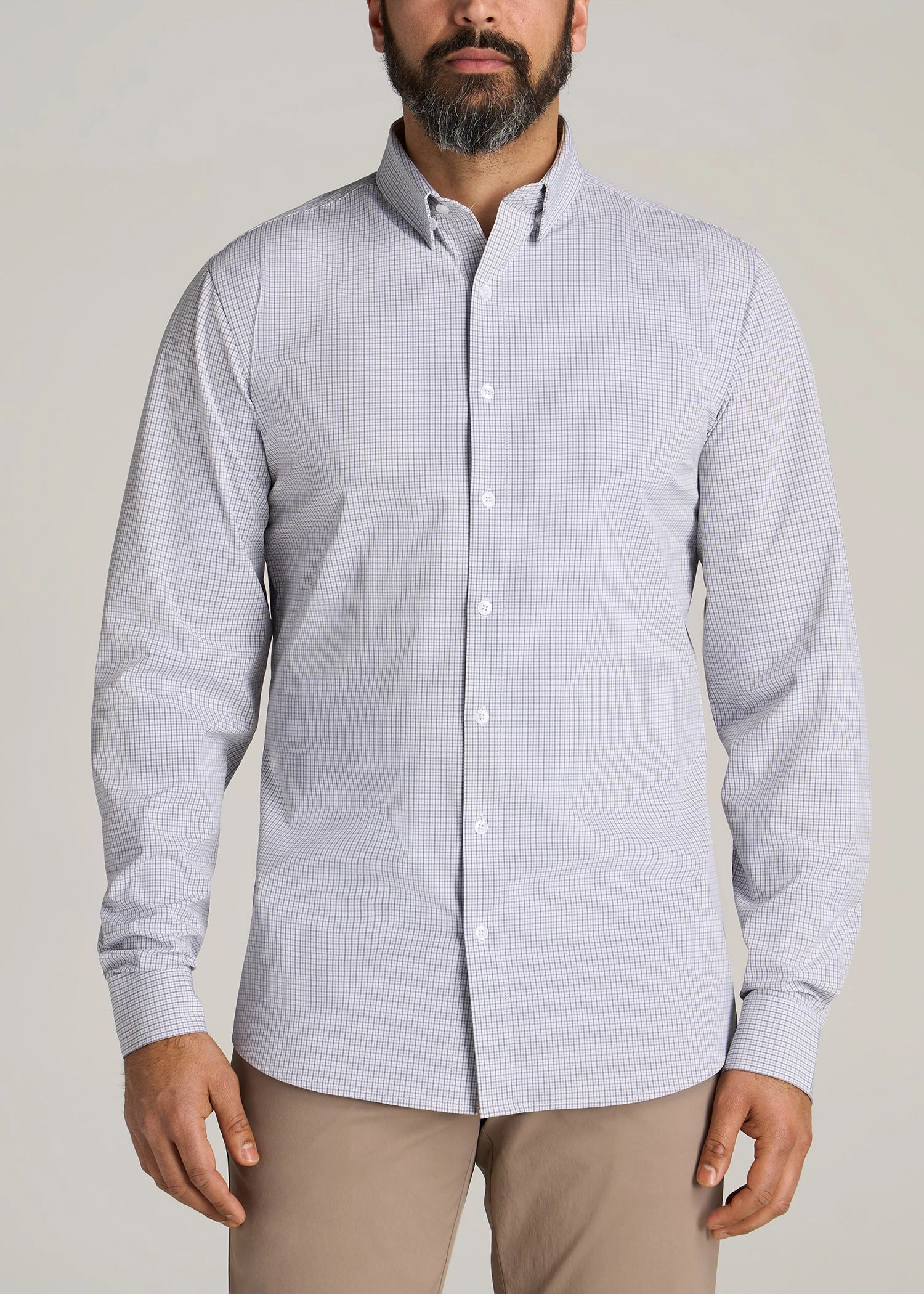 Traveler Stretch Dress Shirt for Tall Men in Grey Mini Plaid Interlock Weave