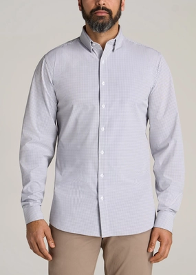Reinforced Neckline Traveler Stretch Dress Shirt for Tall Men in Grey Mini Plaid