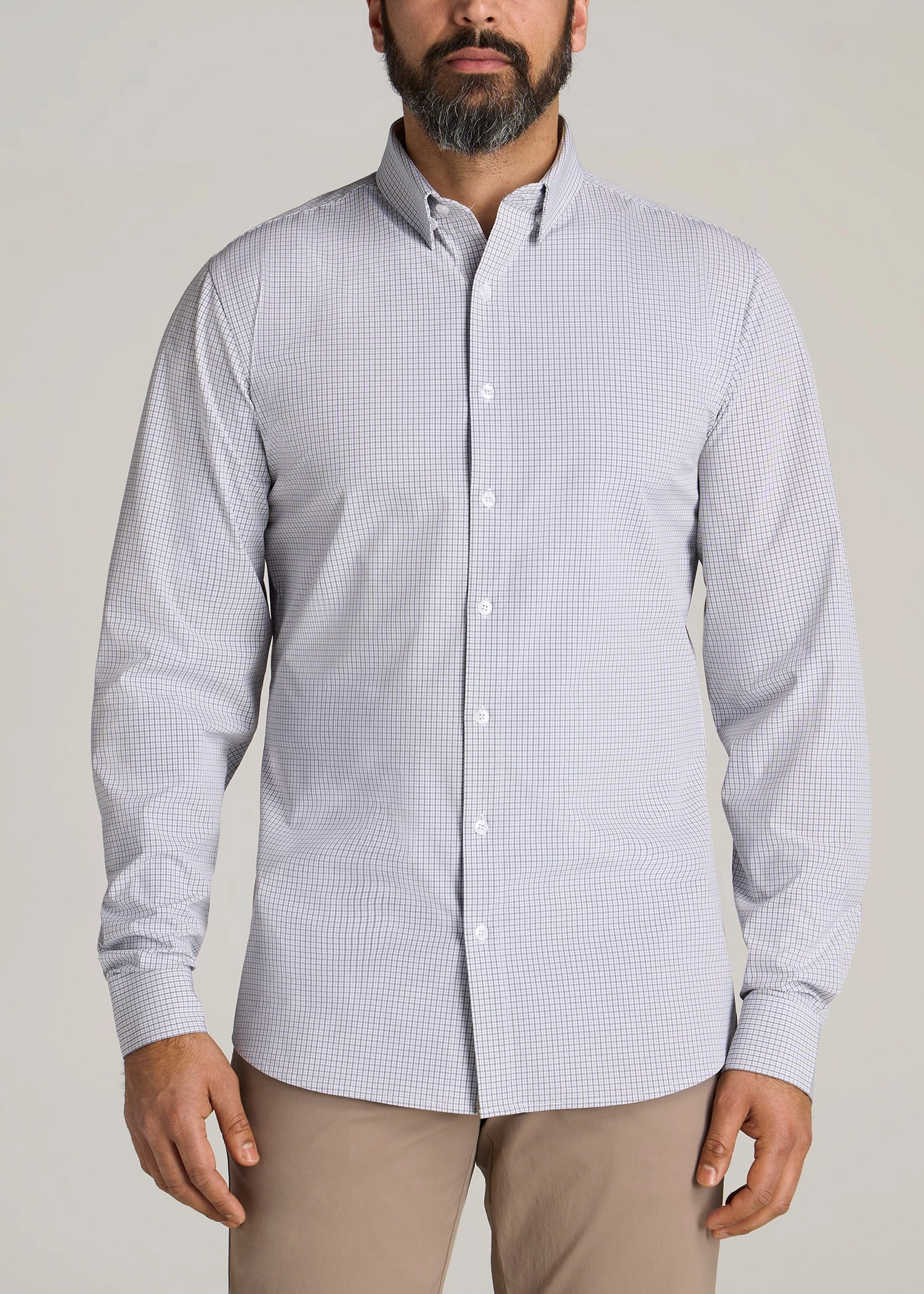 Reinforced Neckline Traveler Stretch Dress Shirt for Tall Men in Grey Mini Plaid
