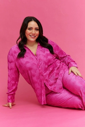 Hot Pink Plisse Shirt Long Sleeve Hooded Neckline Eco-Friendly Choice