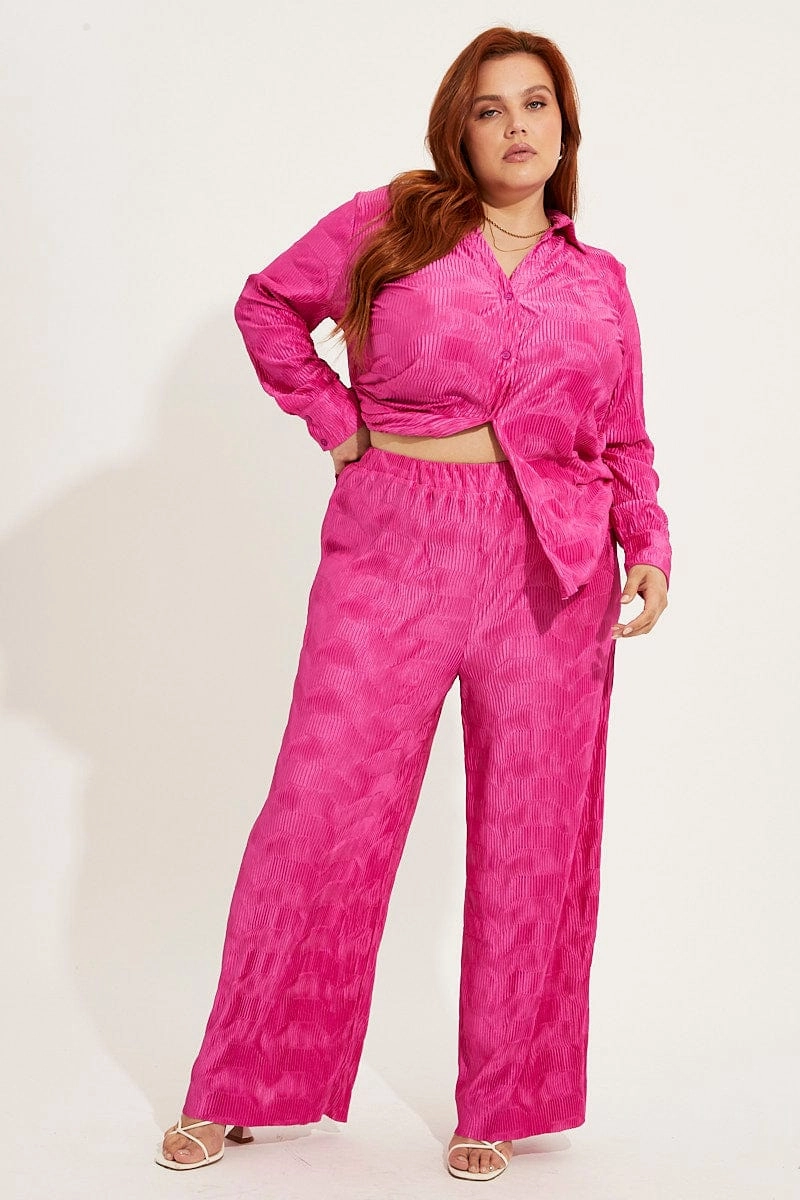 Hot Pink Plisse Shirt Long Sleeve Embroidered Detail Easy Wear