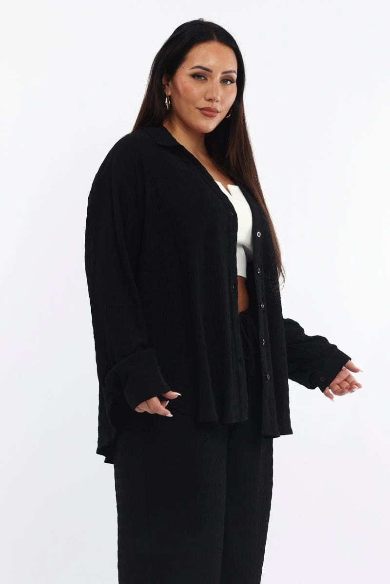Black Relaxed Shirt Long Sleeve Textured On-The-Go Style Vibrant Colors