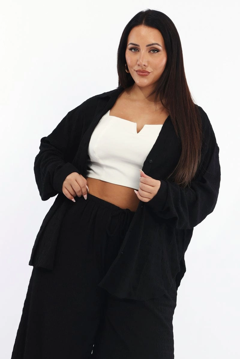 Black Relaxed Shirt Long Sleeve Textured Military Inspired