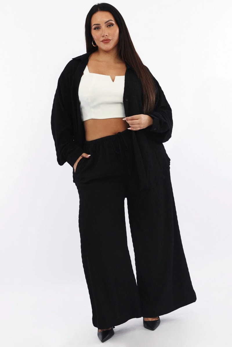 Black Relaxed Shirt Long Sleeve Textured Spring Break