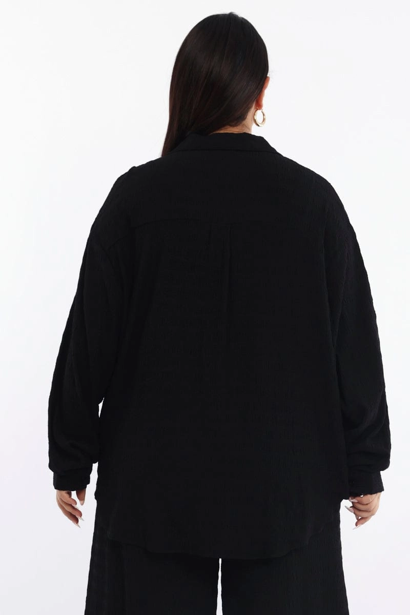 Black Relaxed Shirt Long Sleeve Textured Checkered Look Stylish Detail