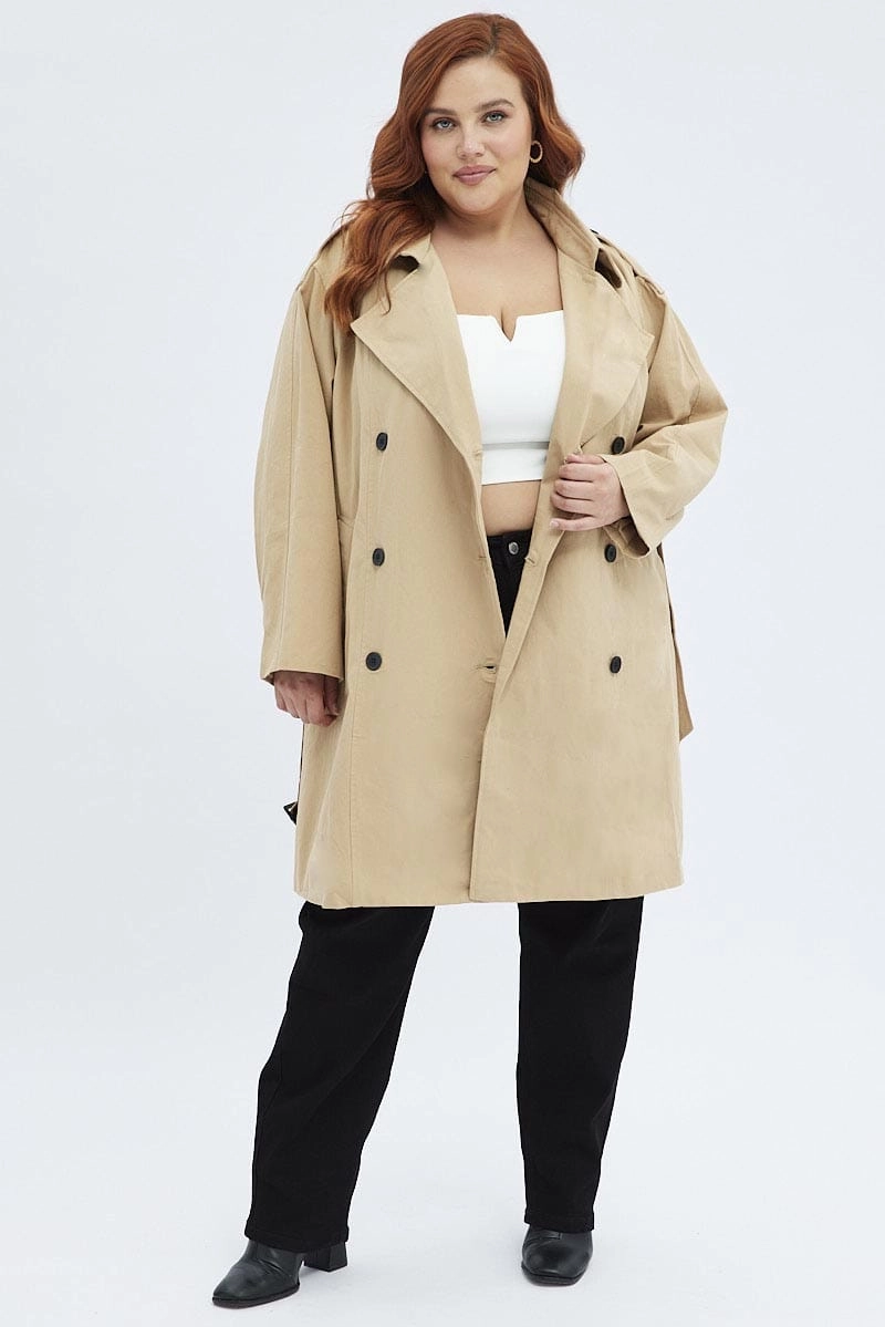 Camel Trench Coat Lined With Belt Mid Length Fashion Trend Rubberized Trims