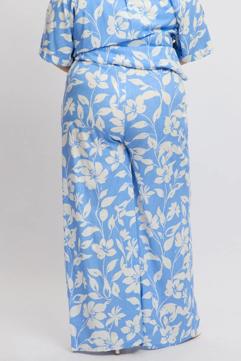 Blue Abstract Drawstring Waist Wide Leg Linen Blend Pants Versatile Design Soft Performance